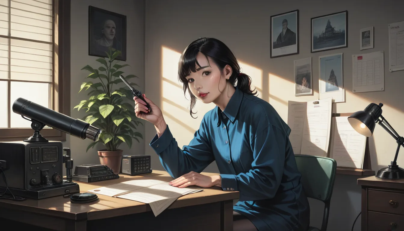 1970 년대 비밀 청문회 서류와 노이즈가 섞인 형광등 불빛이 비치는 사무실 분위기